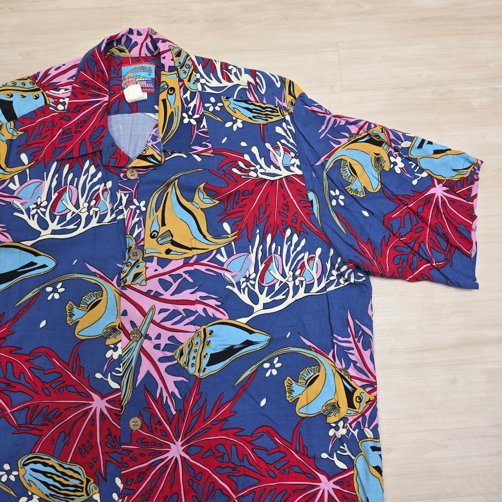 Reyn Spooner Joe Kealoha Mens Large Hawaiian Shirt Rayon Tropical Fish Blue Red - Picture 7 of 7
